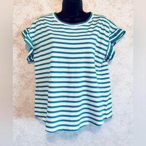 Crown & Ivy Ladies Pull Over Top Short Flutter Ruffle Sleeves Aqua Stripe Medium
